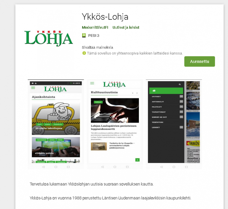 Ykkös-Lohja Android sovelluksena