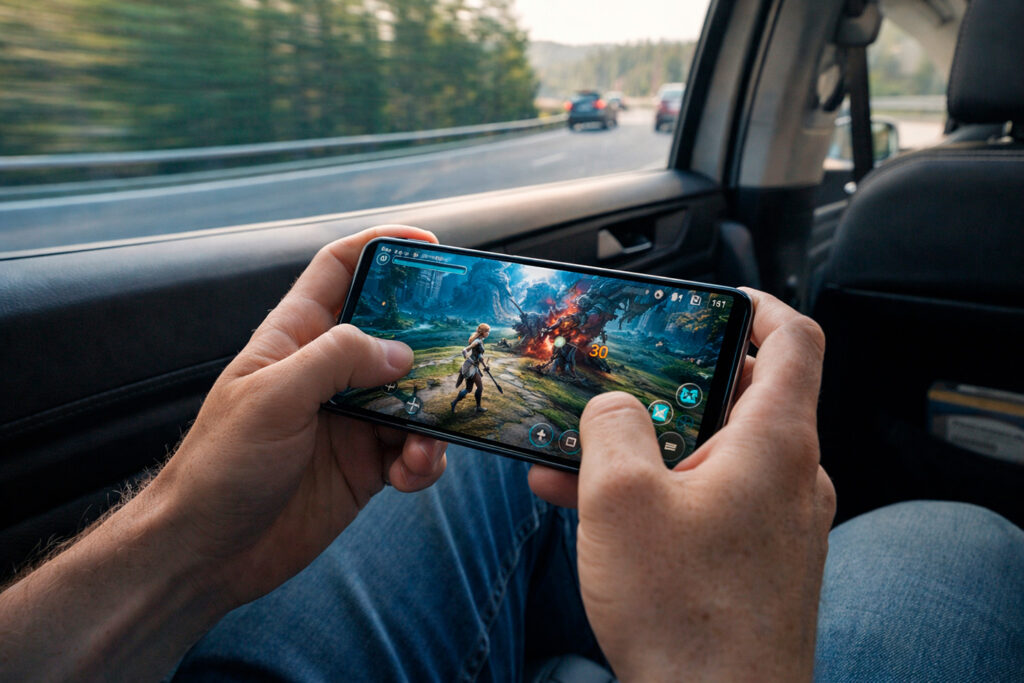 kuvituskuva mobiilipeliä pelaamassa autossa